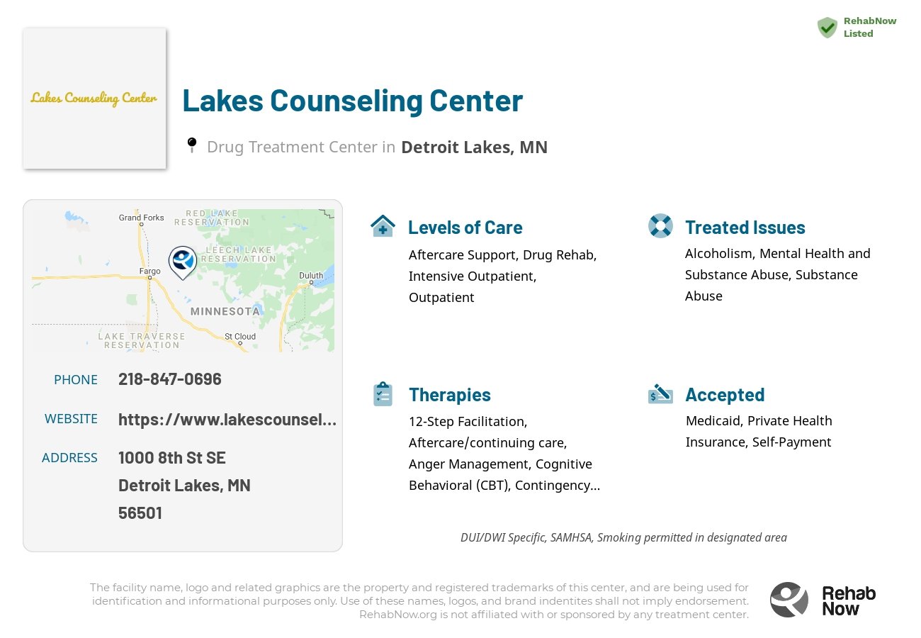 Helpful reference information for Lakes Counseling Center, a drug treatment center in Minnesota located at: 1000 8th St SE, Detroit Lakes, MN 56501, including phone numbers, official website, and more. Listed briefly is an overview of Levels of Care, Therapies Offered, Issues Treated, and accepted forms of Payment Methods.