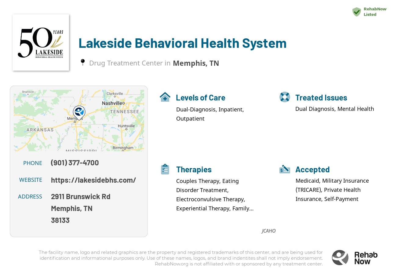 Helpful reference information for Lakeside Behavioral Health System, a drug treatment center in Tennessee located at: 2911 Brunswick Rd, Memphis, TN 38133, including phone numbers, official website, and more. Listed briefly is an overview of Levels of Care, Therapies Offered, Issues Treated, and accepted forms of Payment Methods.