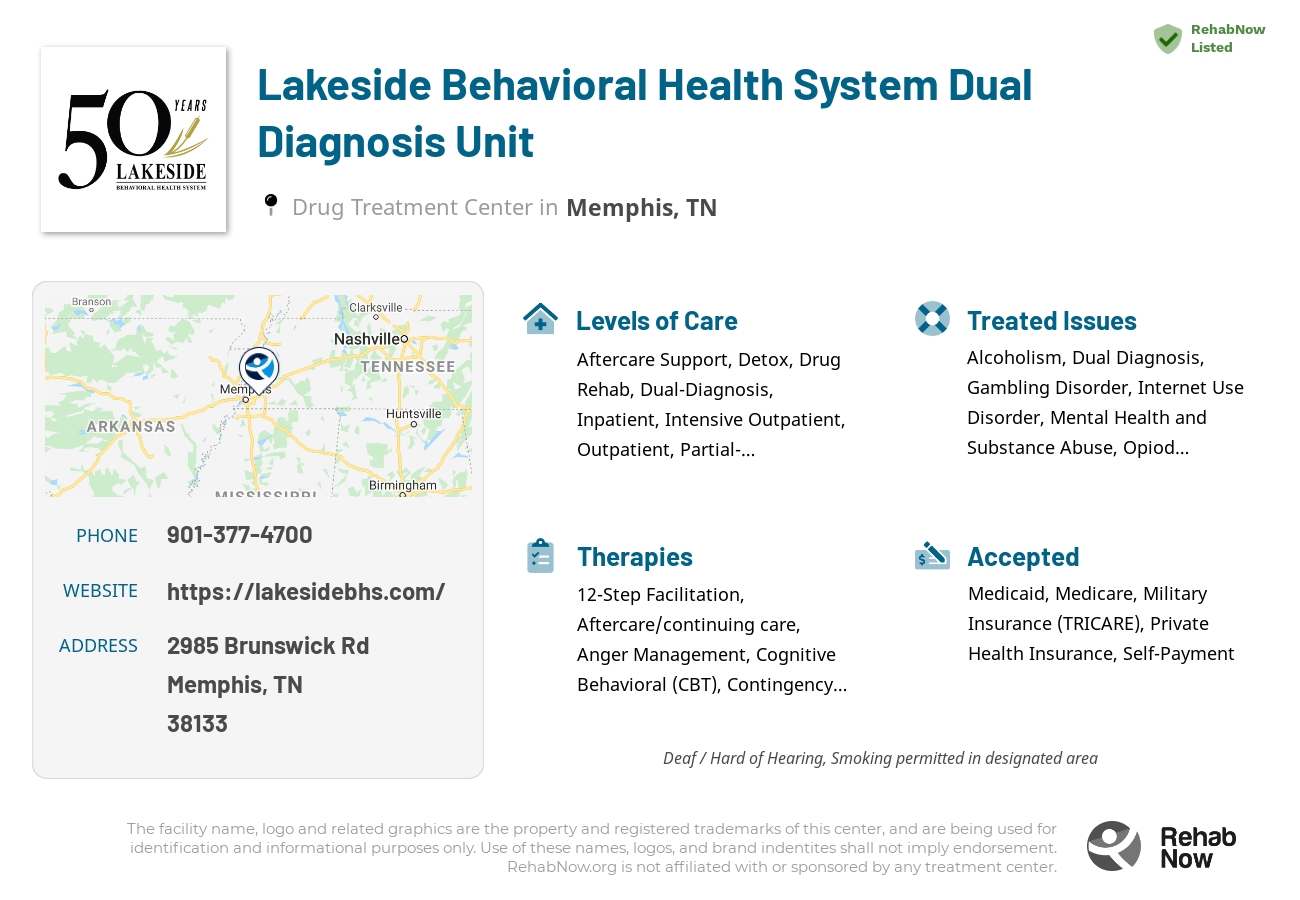 Helpful reference information for Lakeside Behavioral Health System Dual Diagnosis Unit, a drug treatment center in Tennessee located at: 2985 Brunswick Rd, Memphis, TN 38133, including phone numbers, official website, and more. Listed briefly is an overview of Levels of Care, Therapies Offered, Issues Treated, and accepted forms of Payment Methods.