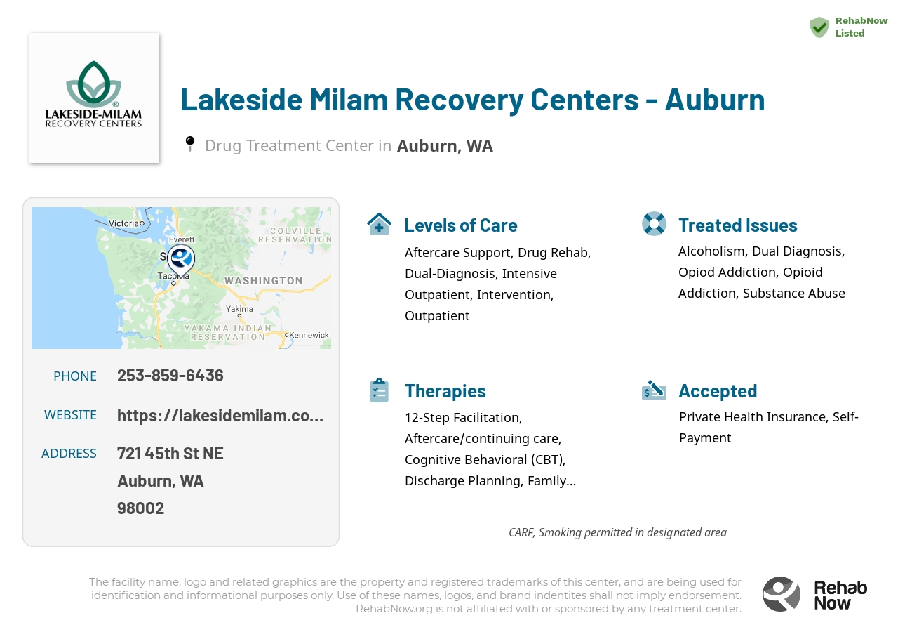 Helpful reference information for Lakeside Milam Recovery Centers  - Auburn, a drug treatment center in Washington located at: 721 45th St NE, Auburn, WA 98002, including phone numbers, official website, and more. Listed briefly is an overview of Levels of Care, Therapies Offered, Issues Treated, and accepted forms of Payment Methods.