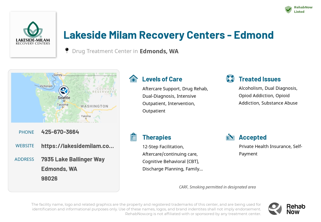 Helpful reference information for Lakeside Milam Recovery Centers  - Edmond, a drug treatment center in Washington located at: 7935 Lake Ballinger Way, Edmonds, WA 98026, including phone numbers, official website, and more. Listed briefly is an overview of Levels of Care, Therapies Offered, Issues Treated, and accepted forms of Payment Methods.