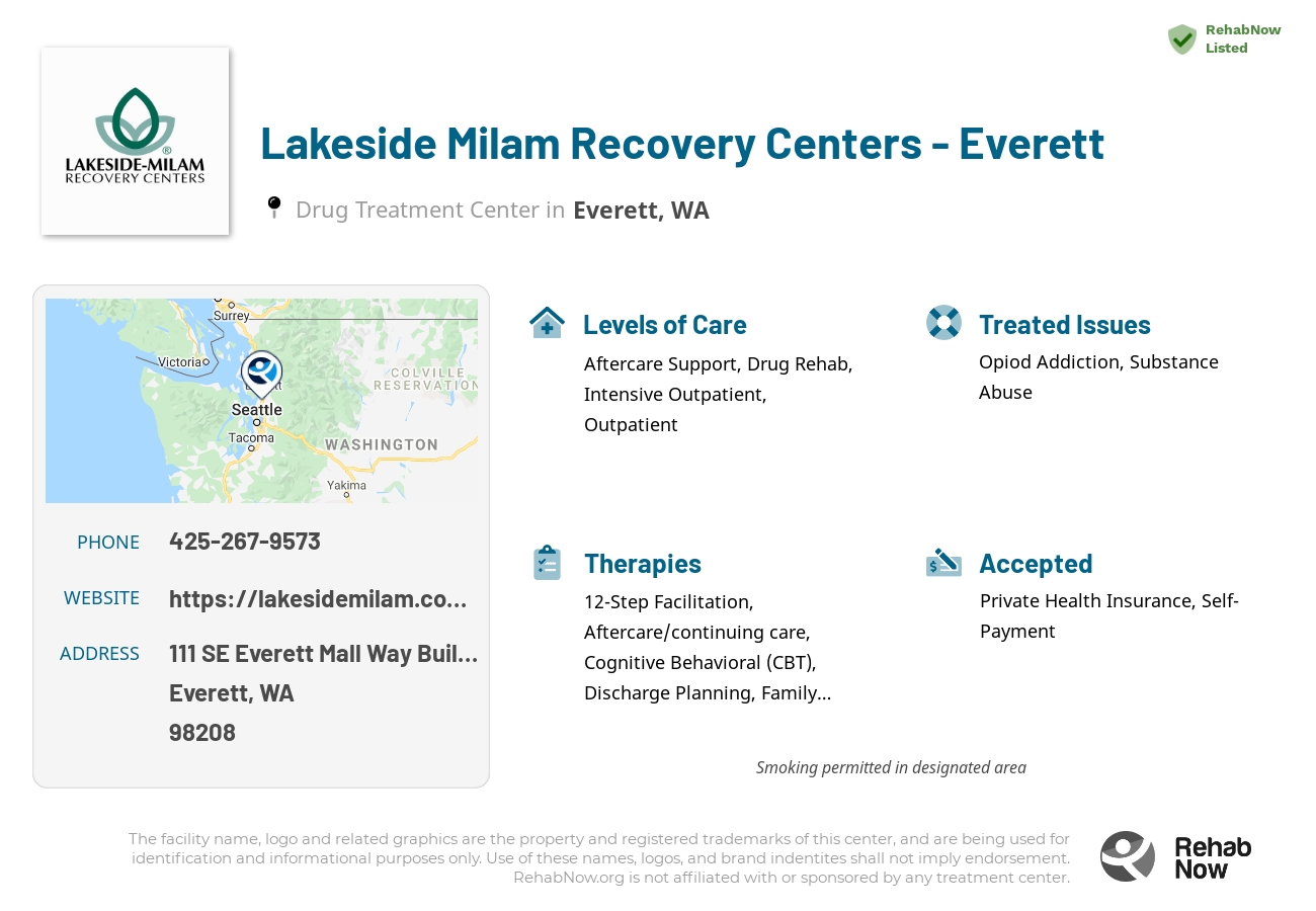 Helpful reference information for Lakeside Milam Recovery Centers  - Everett, a drug treatment center in Washington located at: 111 SE Everett Mall Way Building F, Everett, WA 98208, including phone numbers, official website, and more. Listed briefly is an overview of Levels of Care, Therapies Offered, Issues Treated, and accepted forms of Payment Methods.
