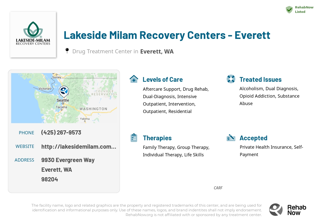 Helpful reference information for Lakeside Milam Recovery Centers - Everett, a drug treatment center in Washington located at: 9930 Evergreen Way, Everett, WA 98204, including phone numbers, official website, and more. Listed briefly is an overview of Levels of Care, Therapies Offered, Issues Treated, and accepted forms of Payment Methods.