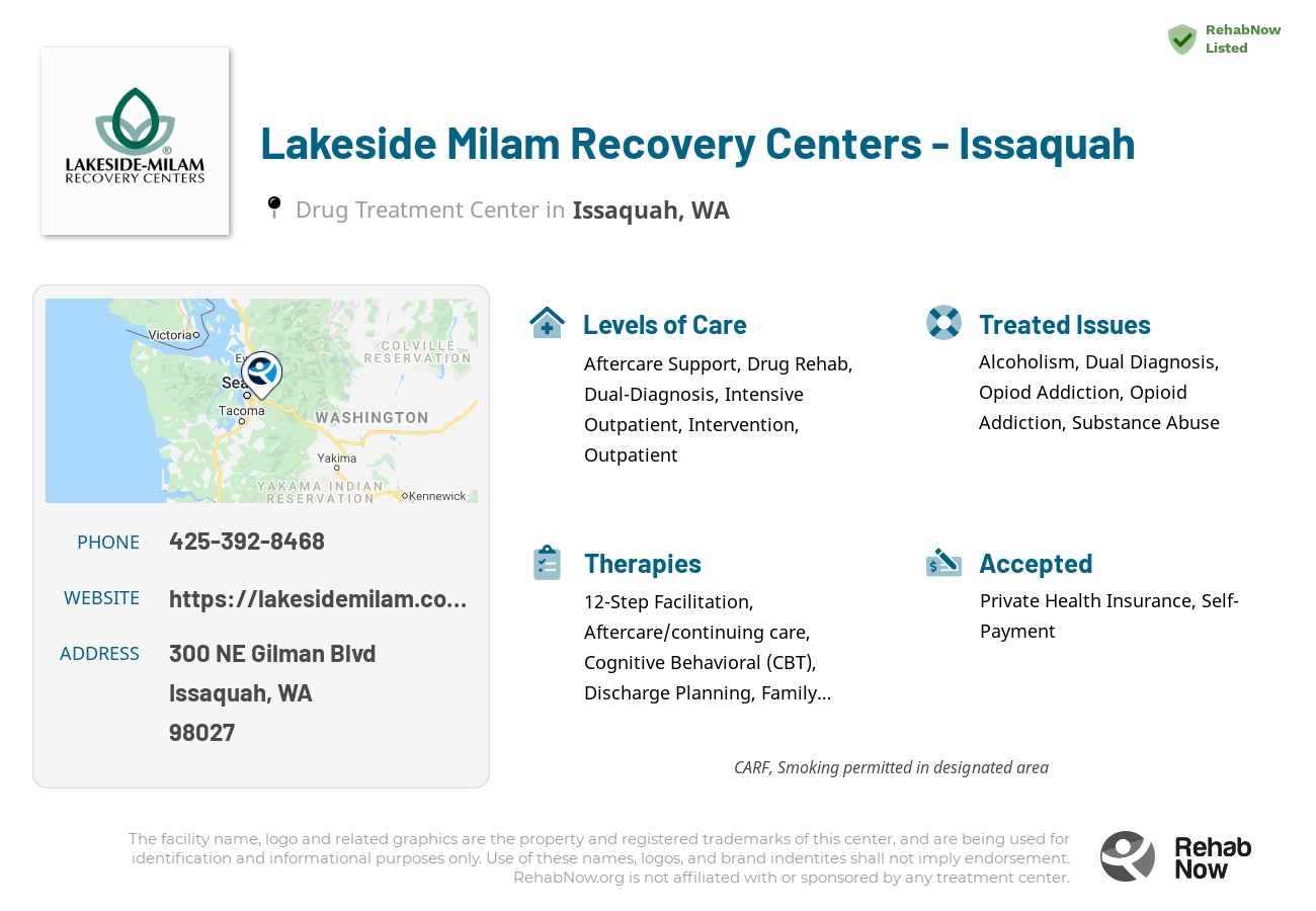 Helpful reference information for Lakeside Milam Recovery Centers  - Issaquah, a drug treatment center in Washington located at: 300 NE Gilman Blvd, Issaquah, WA 98027, including phone numbers, official website, and more. Listed briefly is an overview of Levels of Care, Therapies Offered, Issues Treated, and accepted forms of Payment Methods.