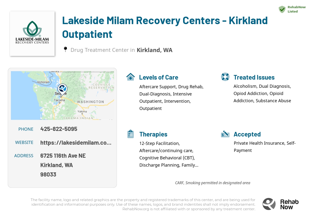 Helpful reference information for Lakeside Milam Recovery Centers  - Kirkland Outpatient, a drug treatment center in Washington located at: 6725 116th Ave NE, Kirkland, WA 98033, including phone numbers, official website, and more. Listed briefly is an overview of Levels of Care, Therapies Offered, Issues Treated, and accepted forms of Payment Methods.