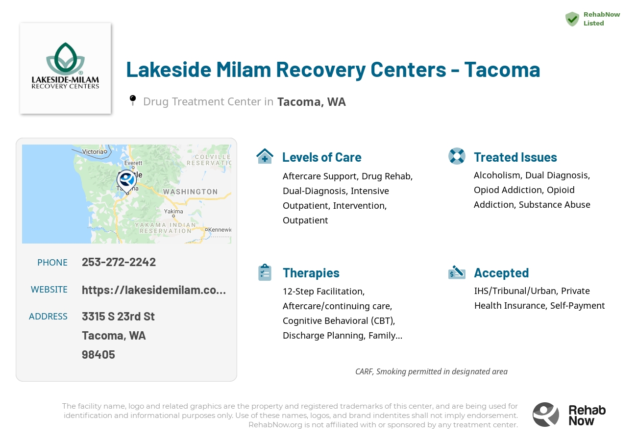 Helpful reference information for Lakeside Milam Recovery Centers  - Tacoma, a drug treatment center in Washington located at: 3315 S 23rd St, Tacoma, WA 98405, including phone numbers, official website, and more. Listed briefly is an overview of Levels of Care, Therapies Offered, Issues Treated, and accepted forms of Payment Methods.