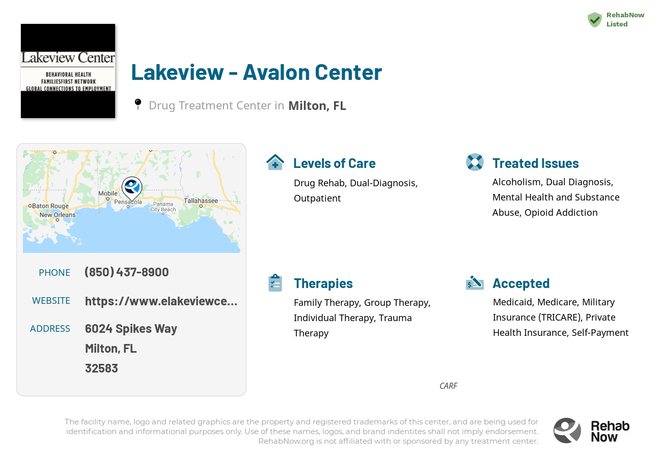 Helpful reference information for Lakeview - Avalon Center, a drug treatment center in Florida located at: 6024 Spikes Way, Milton, FL, 32583, including phone numbers, official website, and more. Listed briefly is an overview of Levels of Care, Therapies Offered, Issues Treated, and accepted forms of Payment Methods.