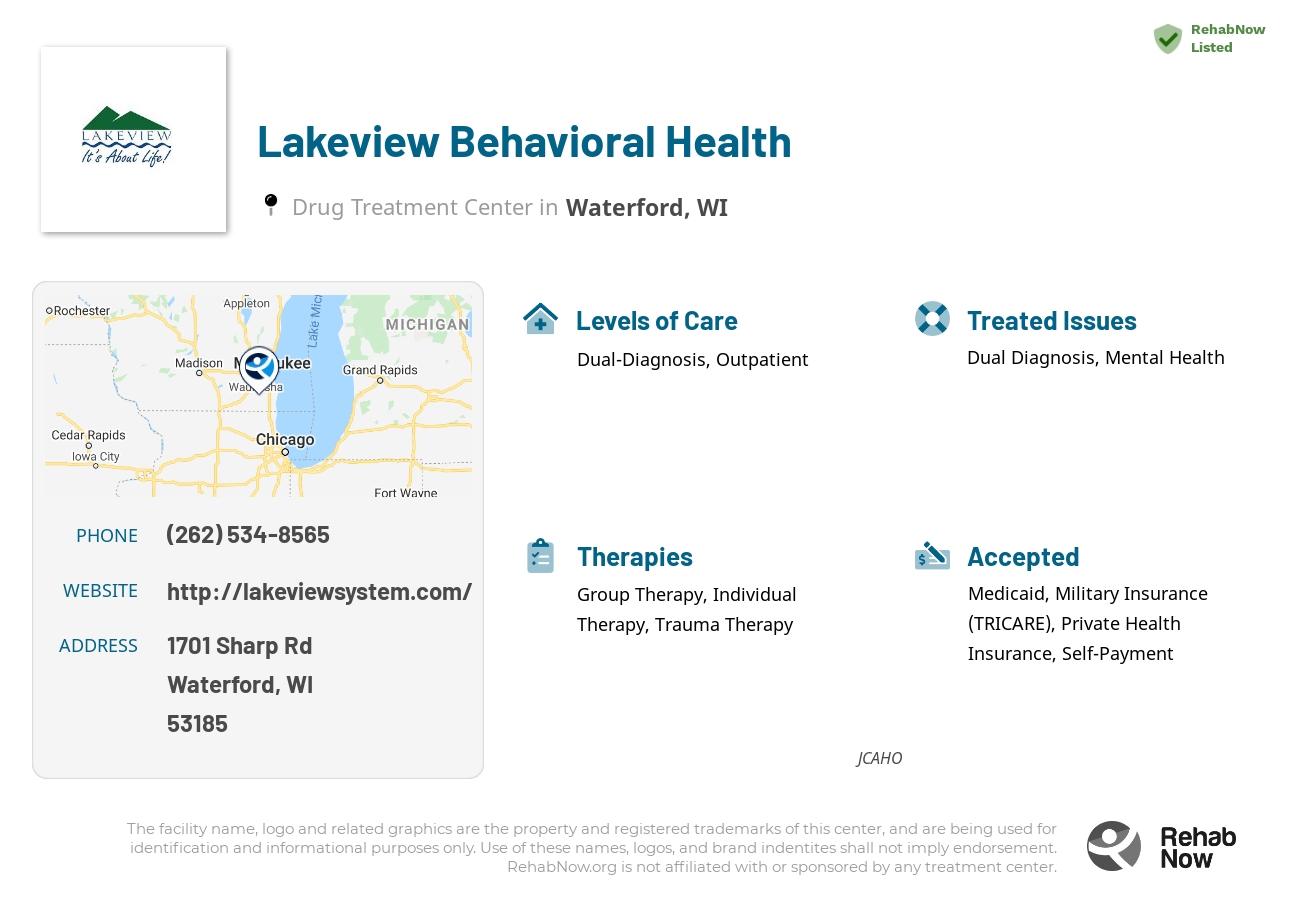 Helpful reference information for Lakeview Behavioral Health, a drug treatment center in Wisconsin located at: 1701 Sharp Rd, Waterford, WI 53185, including phone numbers, official website, and more. Listed briefly is an overview of Levels of Care, Therapies Offered, Issues Treated, and accepted forms of Payment Methods.