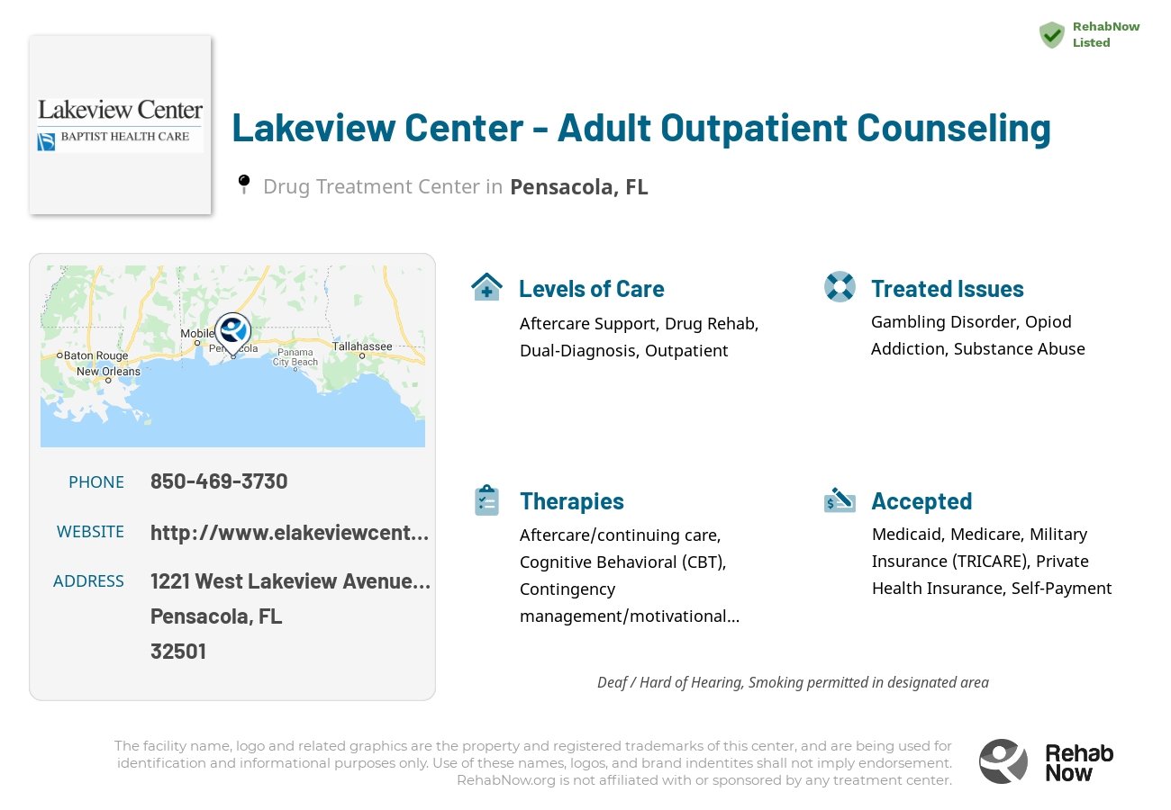 Helpful reference information for Lakeview Center - Adult Outpatient Counseling, a drug treatment center in Florida located at: 1221 West Lakeview Avenue Building H, Pensacola, FL 32501, including phone numbers, official website, and more. Listed briefly is an overview of Levels of Care, Therapies Offered, Issues Treated, and accepted forms of Payment Methods.