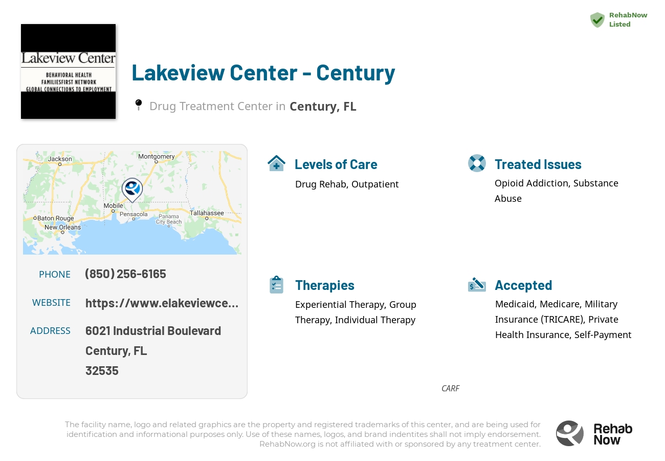 Helpful reference information for Lakeview Center - Century, a drug treatment center in Florida located at: 6021 Industrial Boulevard, Century, FL, 32535, including phone numbers, official website, and more. Listed briefly is an overview of Levels of Care, Therapies Offered, Issues Treated, and accepted forms of Payment Methods.