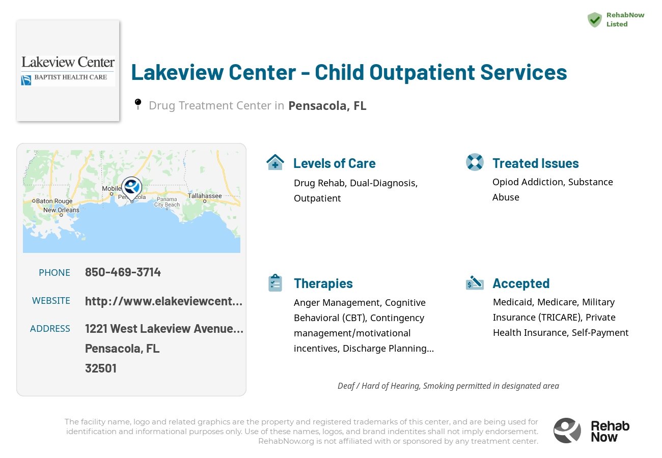 Helpful reference information for Lakeview Center - Child Outpatient Services, a drug treatment center in Florida located at: 1221 West Lakeview Avenue Children Services Center, Pensacola, FL 32501, including phone numbers, official website, and more. Listed briefly is an overview of Levels of Care, Therapies Offered, Issues Treated, and accepted forms of Payment Methods.
