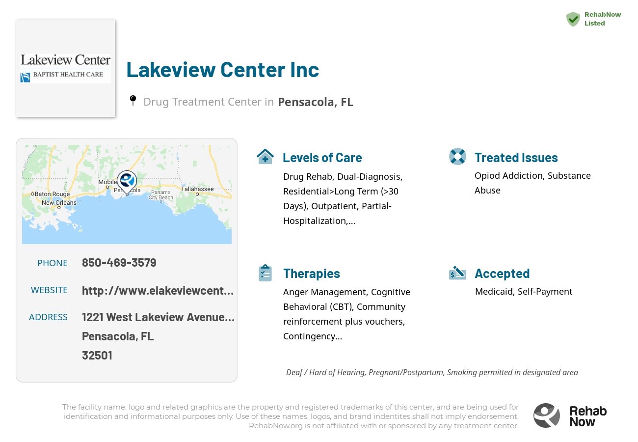 Helpful reference information for Lakeview Center Inc, a drug treatment center in Florida located at: 1221 West Lakeview Avenue Building D, Pensacola, FL 32501, including phone numbers, official website, and more. Listed briefly is an overview of Levels of Care, Therapies Offered, Issues Treated, and accepted forms of Payment Methods.