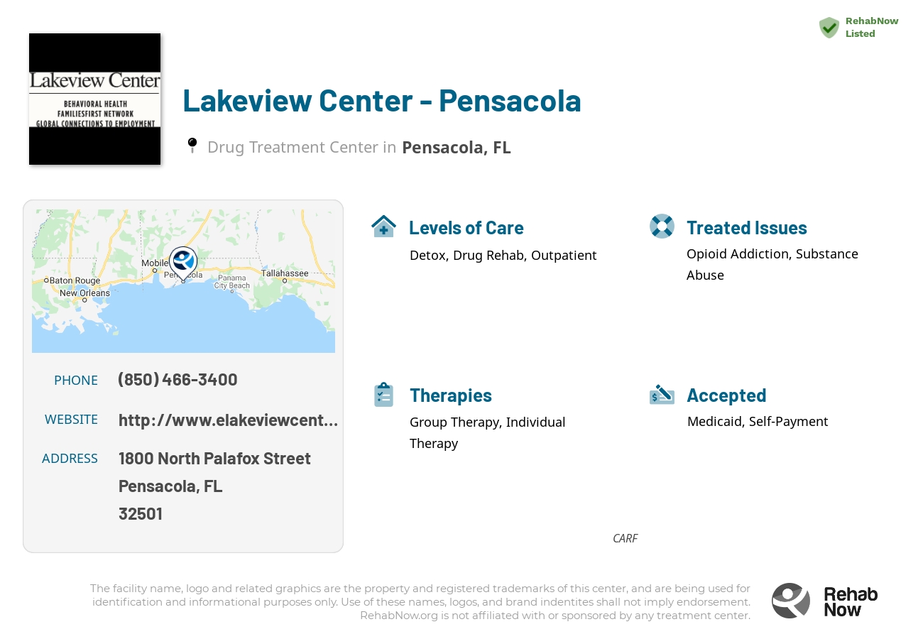 Helpful reference information for Lakeview Center - Pensacola, a drug treatment center in Florida located at: 1800 North Palafox Street, Pensacola, FL, 32501, including phone numbers, official website, and more. Listed briefly is an overview of Levels of Care, Therapies Offered, Issues Treated, and accepted forms of Payment Methods.