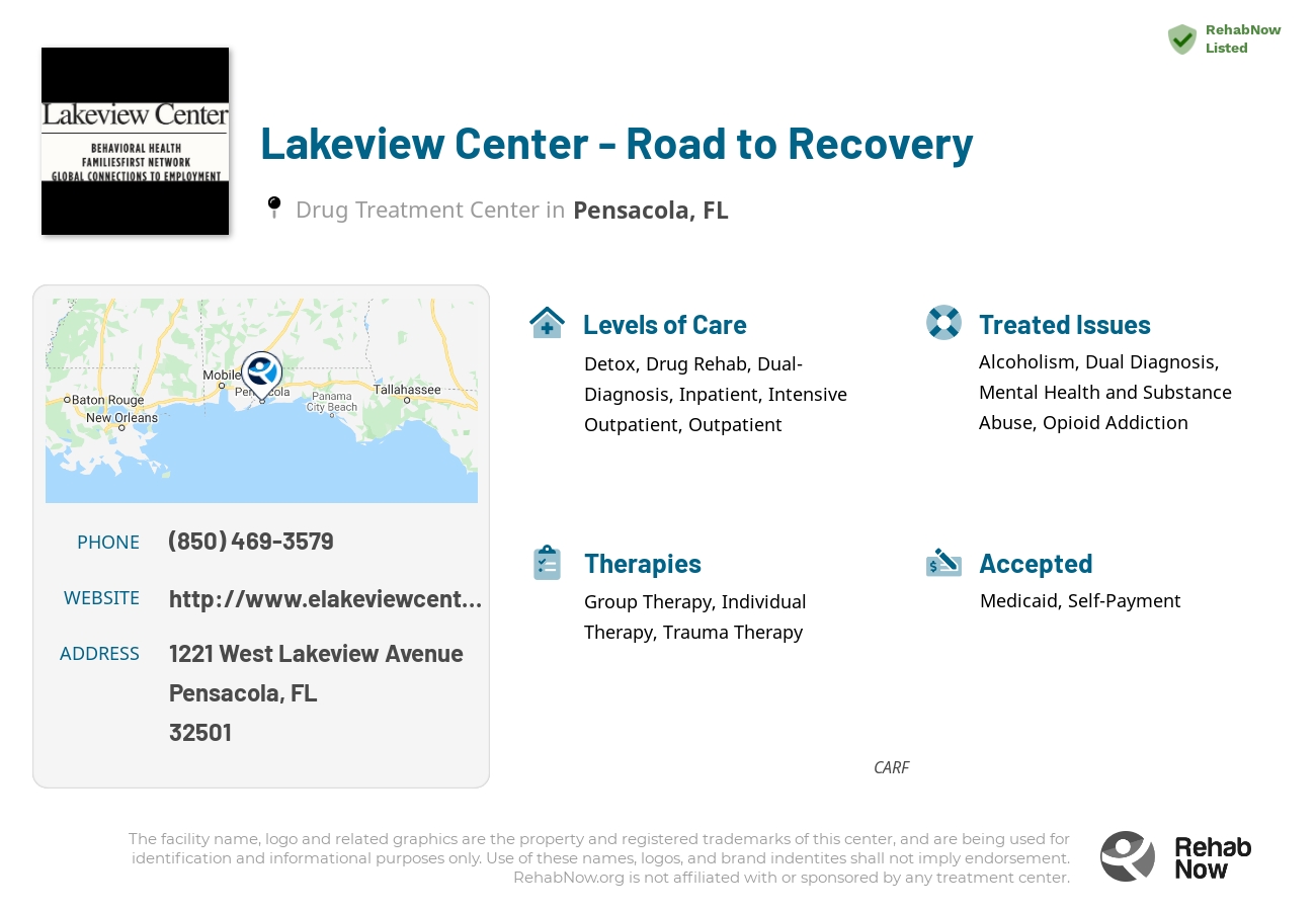 Helpful reference information for Lakeview Center - Road to Recovery, a drug treatment center in Florida located at: 1221 West Lakeview Avenue, Pensacola, FL, 32501, including phone numbers, official website, and more. Listed briefly is an overview of Levels of Care, Therapies Offered, Issues Treated, and accepted forms of Payment Methods.