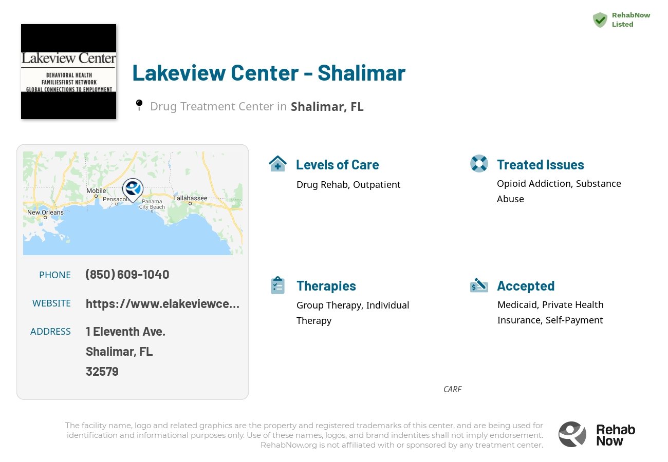 Helpful reference information for Lakeview Center - Shalimar, a drug treatment center in Florida located at: 1 Eleventh Ave., Shalimar, FL, 32579, including phone numbers, official website, and more. Listed briefly is an overview of Levels of Care, Therapies Offered, Issues Treated, and accepted forms of Payment Methods.