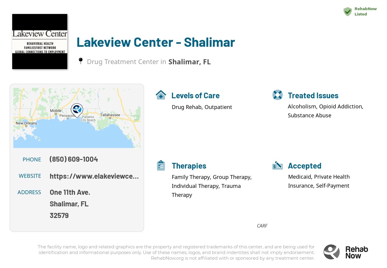 Helpful reference information for Lakeview Center - Shalimar, a drug treatment center in Florida located at: One 11th Ave., Shalimar, FL, 32579, including phone numbers, official website, and more. Listed briefly is an overview of Levels of Care, Therapies Offered, Issues Treated, and accepted forms of Payment Methods.