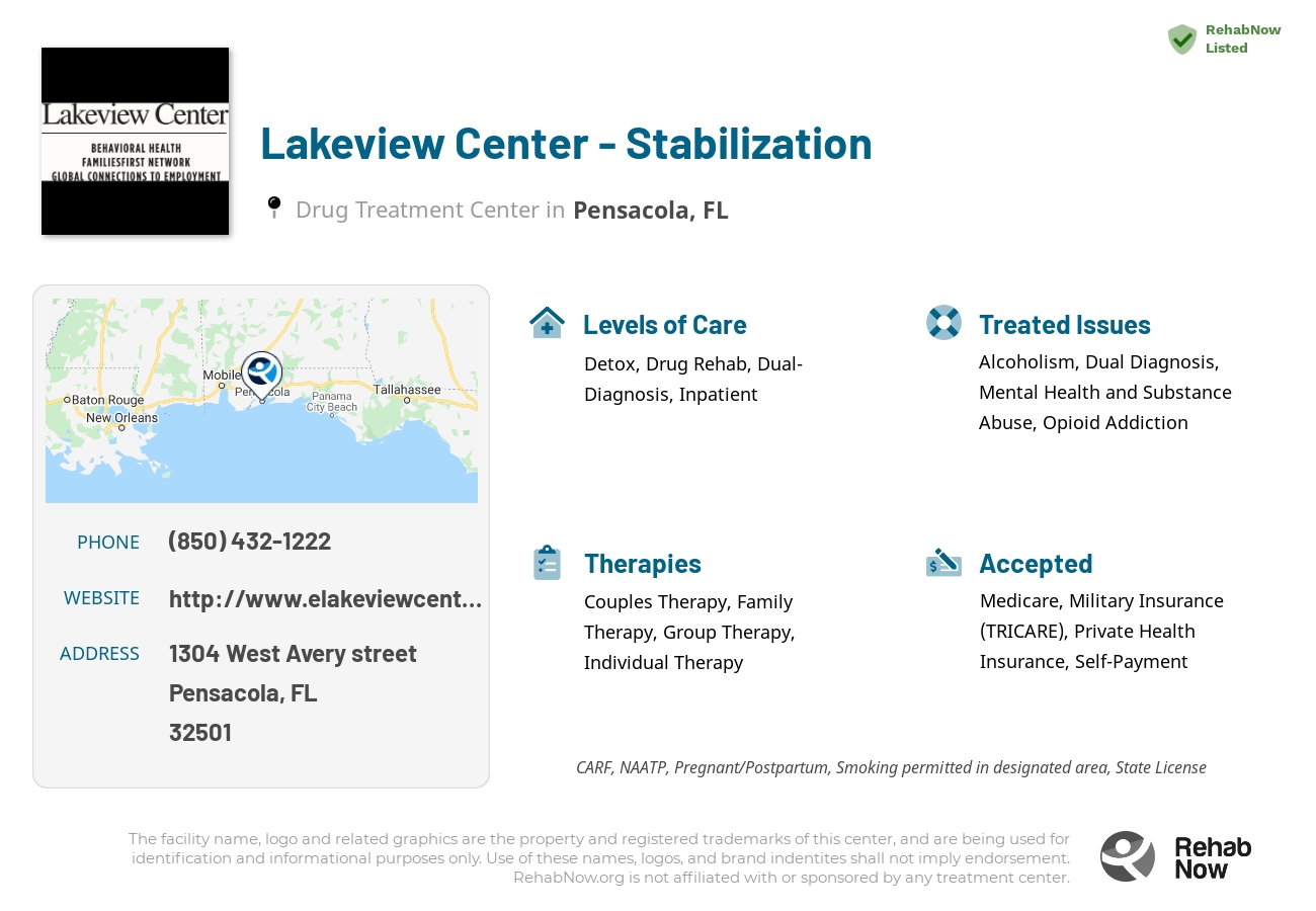 Helpful reference information for Lakeview Center - Stabilization, a drug treatment center in Florida located at: 1304 West Avery street, Pensacola, FL, 32501, including phone numbers, official website, and more. Listed briefly is an overview of Levels of Care, Therapies Offered, Issues Treated, and accepted forms of Payment Methods.