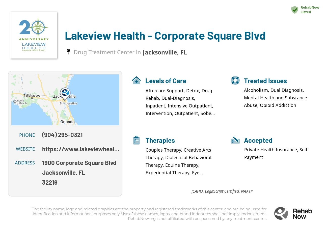 Helpful reference information for Lakeview Health - Corporate Square Blvd, a drug treatment center in Florida located at: 1900 Corporate Square Blvd, Jacksonville, FL, 32216, including phone numbers, official website, and more. Listed briefly is an overview of Levels of Care, Therapies Offered, Issues Treated, and accepted forms of Payment Methods.