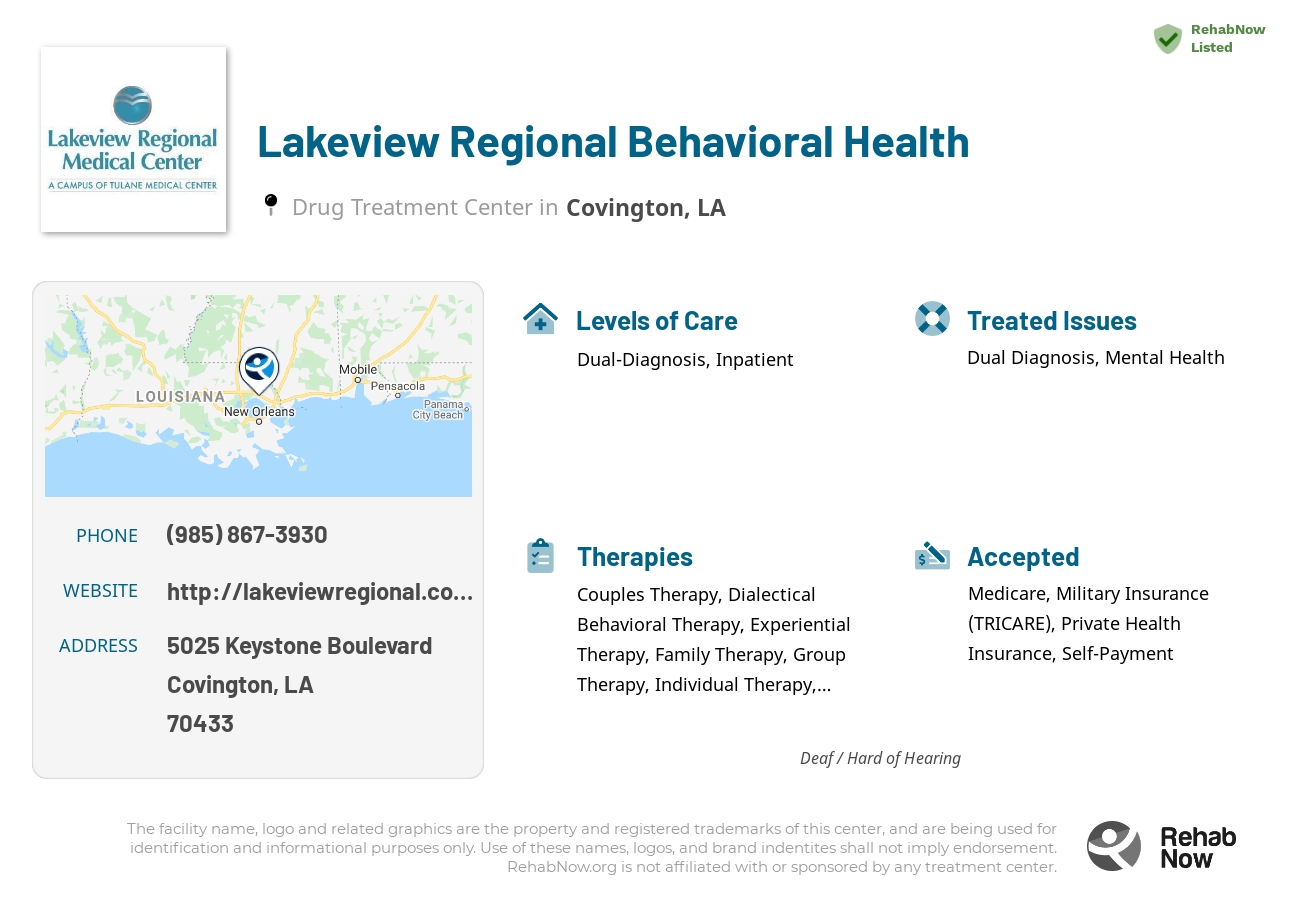 Helpful reference information for Lakeview Regional Behavioral Health, a drug treatment center in Louisiana located at: 5025 Keystone Boulevard, Covington, LA 70433, including phone numbers, official website, and more. Listed briefly is an overview of Levels of Care, Therapies Offered, Issues Treated, and accepted forms of Payment Methods.