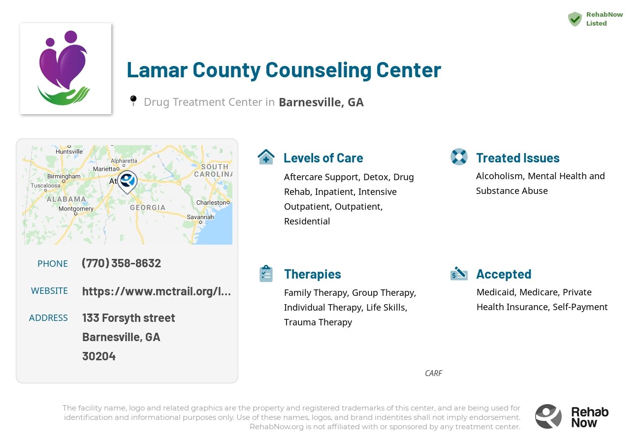 Helpful reference information for Lamar County Counseling Center, a drug treatment center in Georgia located at: 133 Forsyth street, Barnesville, GA 30204, including phone numbers, official website, and more. Listed briefly is an overview of Levels of Care, Therapies Offered, Issues Treated, and accepted forms of Payment Methods.