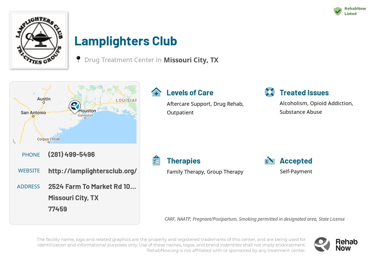Helpful reference information for Lamplighters Club, a drug treatment center in Texas located at: 2524 Farm To Market Rd 1092nd Rd, Missouri City, TX 77459, including phone numbers, official website, and more. Listed briefly is an overview of Levels of Care, Therapies Offered, Issues Treated, and accepted forms of Payment Methods.