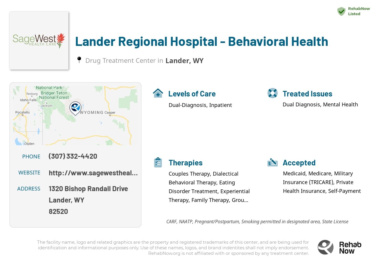 Helpful reference information for Lander Regional Hospital - Behavioral Health, a drug treatment center in Wyoming located at: 1320 1320 Bishop Randall Drive, Lander, WY 82520, including phone numbers, official website, and more. Listed briefly is an overview of Levels of Care, Therapies Offered, Issues Treated, and accepted forms of Payment Methods.