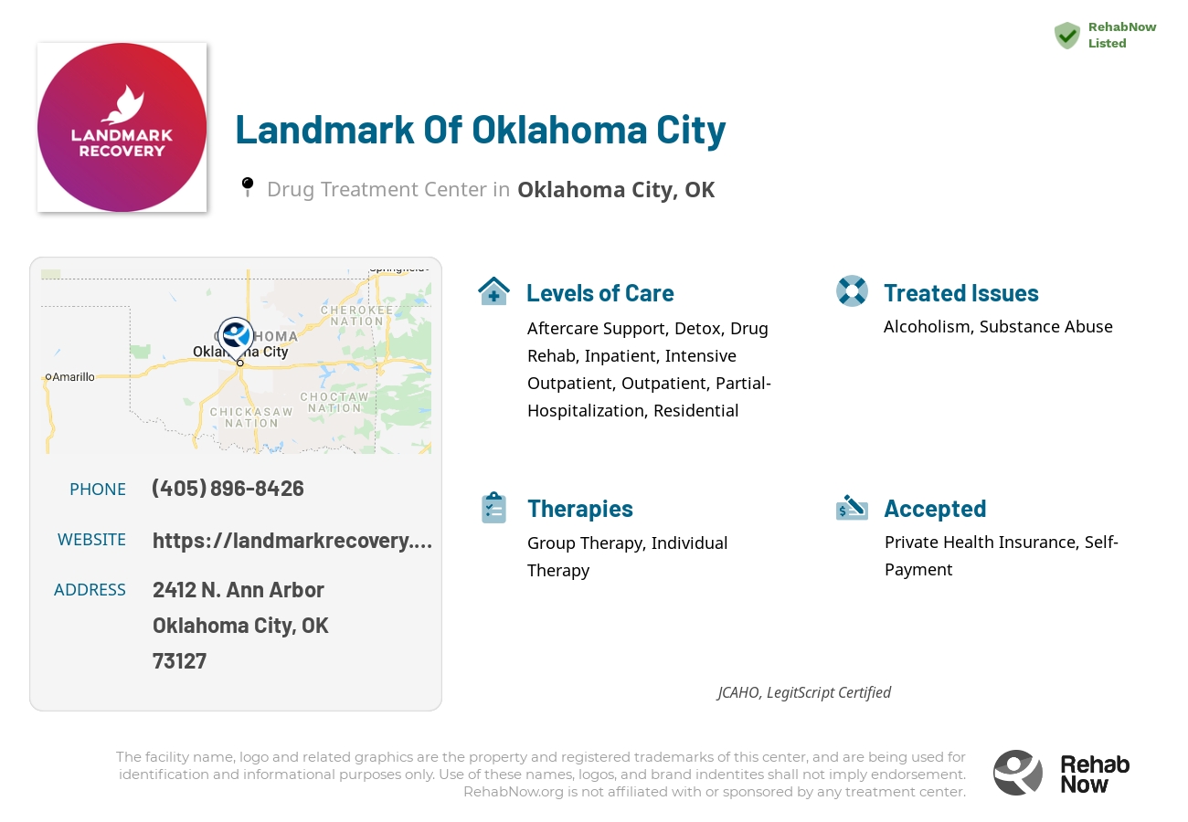 Helpful reference information for Landmark Of Oklahoma City, a drug treatment center in Oklahoma located at: 2412 N. Ann Arbor, Oklahoma City, OK, 73127, including phone numbers, official website, and more. Listed briefly is an overview of Levels of Care, Therapies Offered, Issues Treated, and accepted forms of Payment Methods.