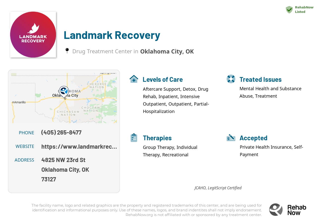 Helpful reference information for Landmark Recovery, a drug treatment center in Oklahoma located at: 4825 NW 23rd St, Oklahoma City, OK 73127, including phone numbers, official website, and more. Listed briefly is an overview of Levels of Care, Therapies Offered, Issues Treated, and accepted forms of Payment Methods.