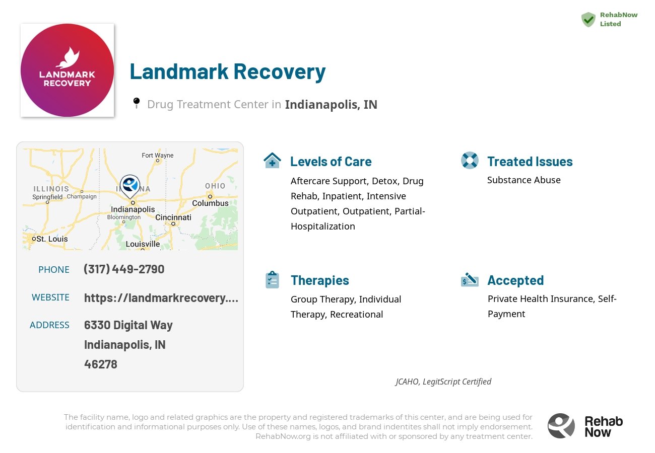 Helpful reference information for Landmark Recovery, a drug treatment center in Indiana located at: 6330 Digital Way, Indianapolis, IN, 46278, including phone numbers, official website, and more. Listed briefly is an overview of Levels of Care, Therapies Offered, Issues Treated, and accepted forms of Payment Methods.