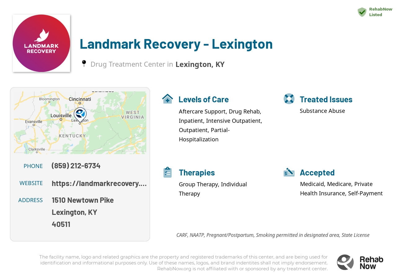 Helpful reference information for Landmark Recovery - Lexington, a drug treatment center in Kentucky located at: 1510 Newtown Pike, Lexington, KY, 40511, including phone numbers, official website, and more. Listed briefly is an overview of Levels of Care, Therapies Offered, Issues Treated, and accepted forms of Payment Methods.