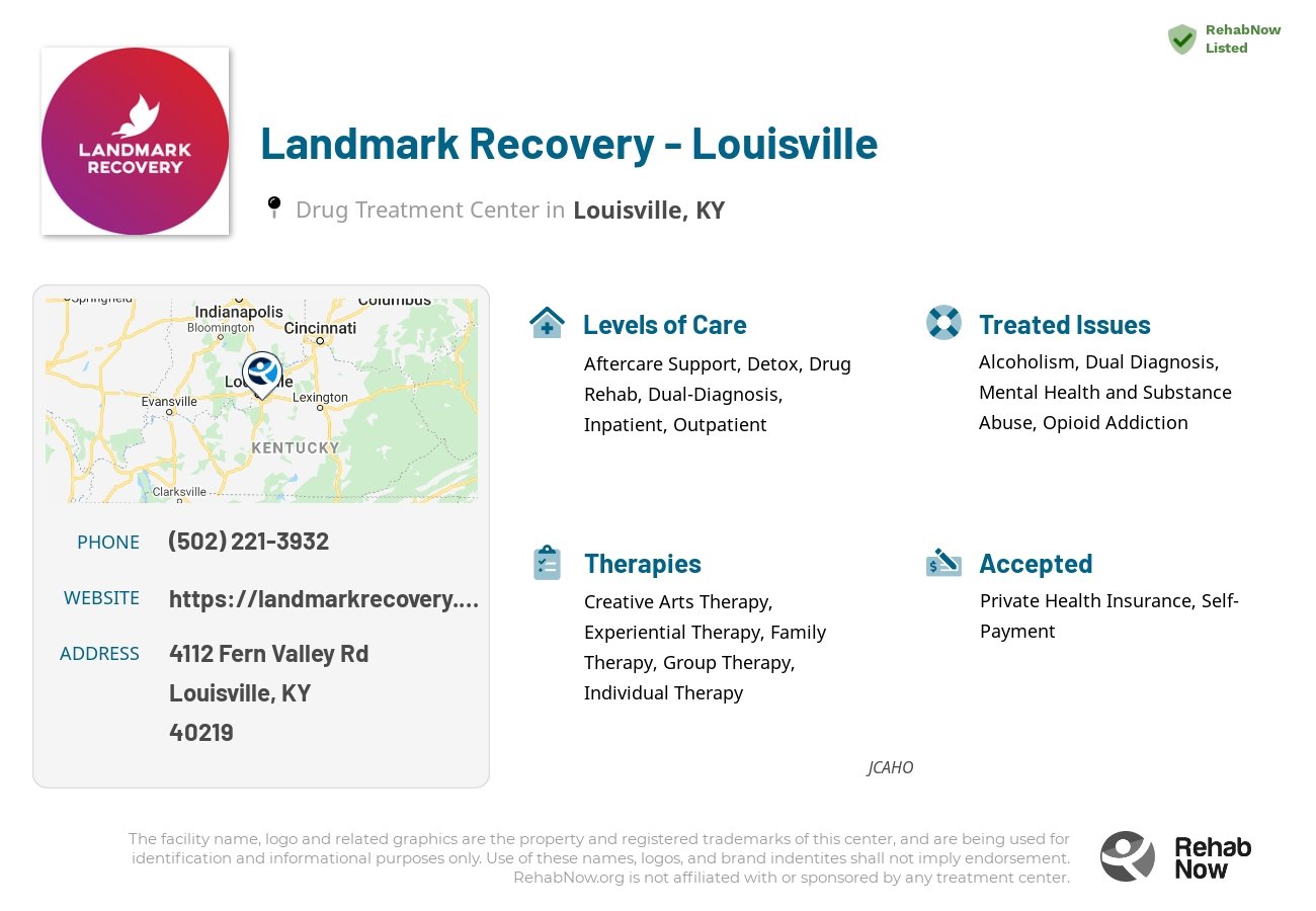 Helpful reference information for Landmark Recovery - Louisville, a drug treatment center in Kentucky located at: 4112 Fern Valley Rd Suite A, Louisville, KY, 40219, including phone numbers, official website, and more. Listed briefly is an overview of Levels of Care, Therapies Offered, Issues Treated, and accepted forms of Payment Methods.