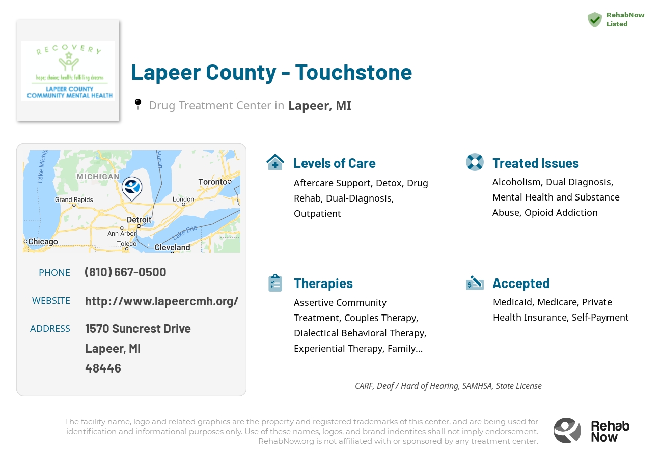 Helpful reference information for Lapeer County - Touchstone, a drug treatment center in Michigan located at: 1570 Suncrest Drive, Lapeer, MI, 48446, including phone numbers, official website, and more. Listed briefly is an overview of Levels of Care, Therapies Offered, Issues Treated, and accepted forms of Payment Methods.