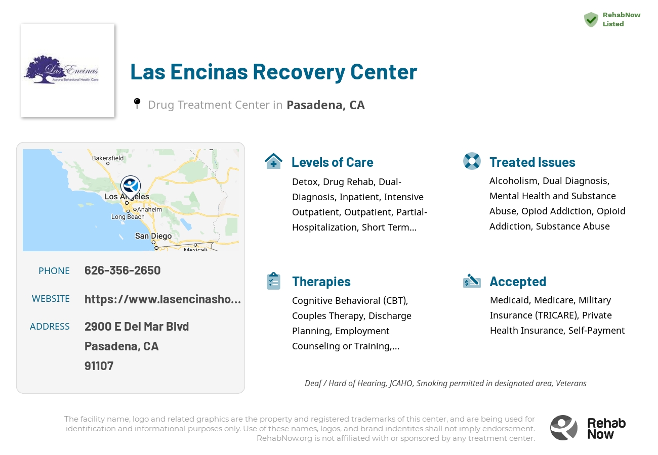 Helpful reference information for Las Encinas Recovery Center, a drug treatment center in California located at: 2900 E Del Mar Blvd, Pasadena, CA 91107, including phone numbers, official website, and more. Listed briefly is an overview of Levels of Care, Therapies Offered, Issues Treated, and accepted forms of Payment Methods.