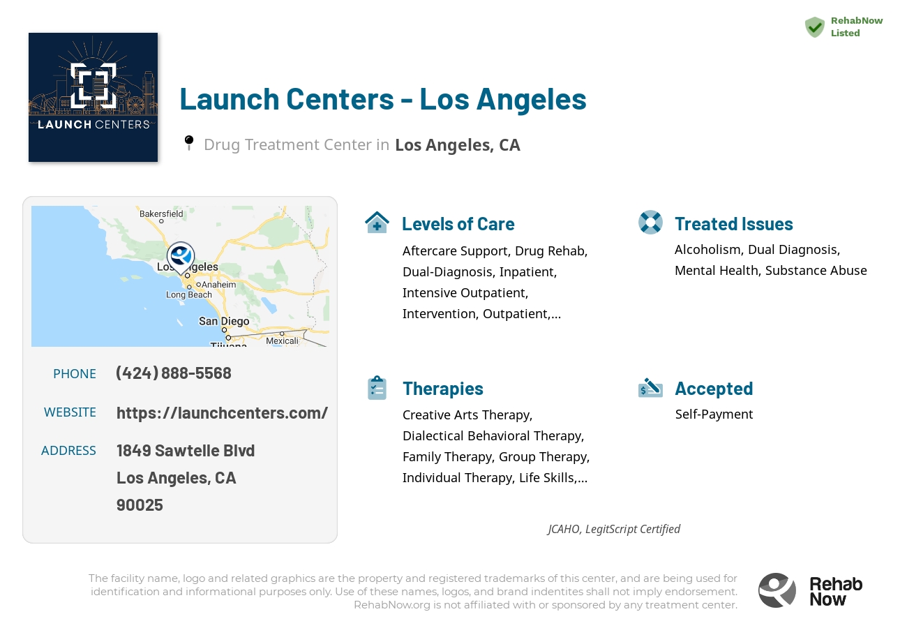 Helpful reference information for Launch Centers - Los Angeles, a drug treatment center in California located at: 1849 Sawtelle Blvd, Los Angeles, CA 90025, including phone numbers, official website, and more. Listed briefly is an overview of Levels of Care, Therapies Offered, Issues Treated, and accepted forms of Payment Methods.