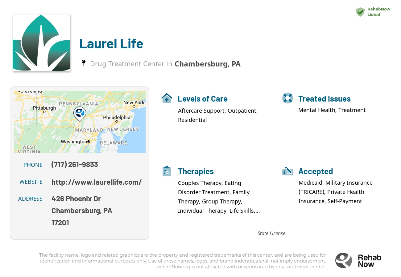 Helpful reference information for Laurel Life, a drug treatment center in Pennsylvania located at: 426 Phoenix Dr, Chambersburg, PA 17201, including phone numbers, official website, and more. Listed briefly is an overview of Levels of Care, Therapies Offered, Issues Treated, and accepted forms of Payment Methods.