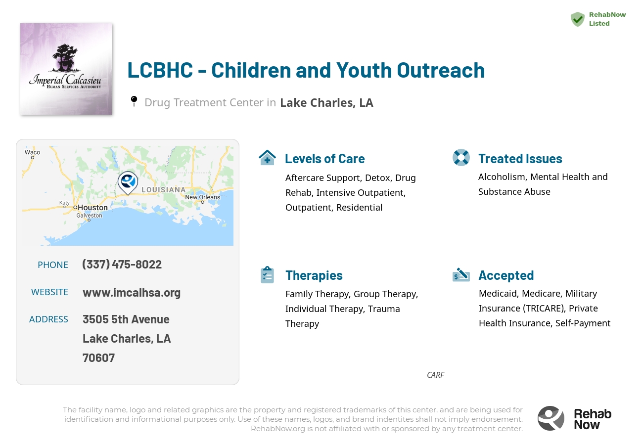Helpful reference information for LCBHC - Children and Youth Outreach, a drug treatment center in Louisiana located at: 3505 3505 5th Avenue, Lake Charles, LA 70607, including phone numbers, official website, and more. Listed briefly is an overview of Levels of Care, Therapies Offered, Issues Treated, and accepted forms of Payment Methods.