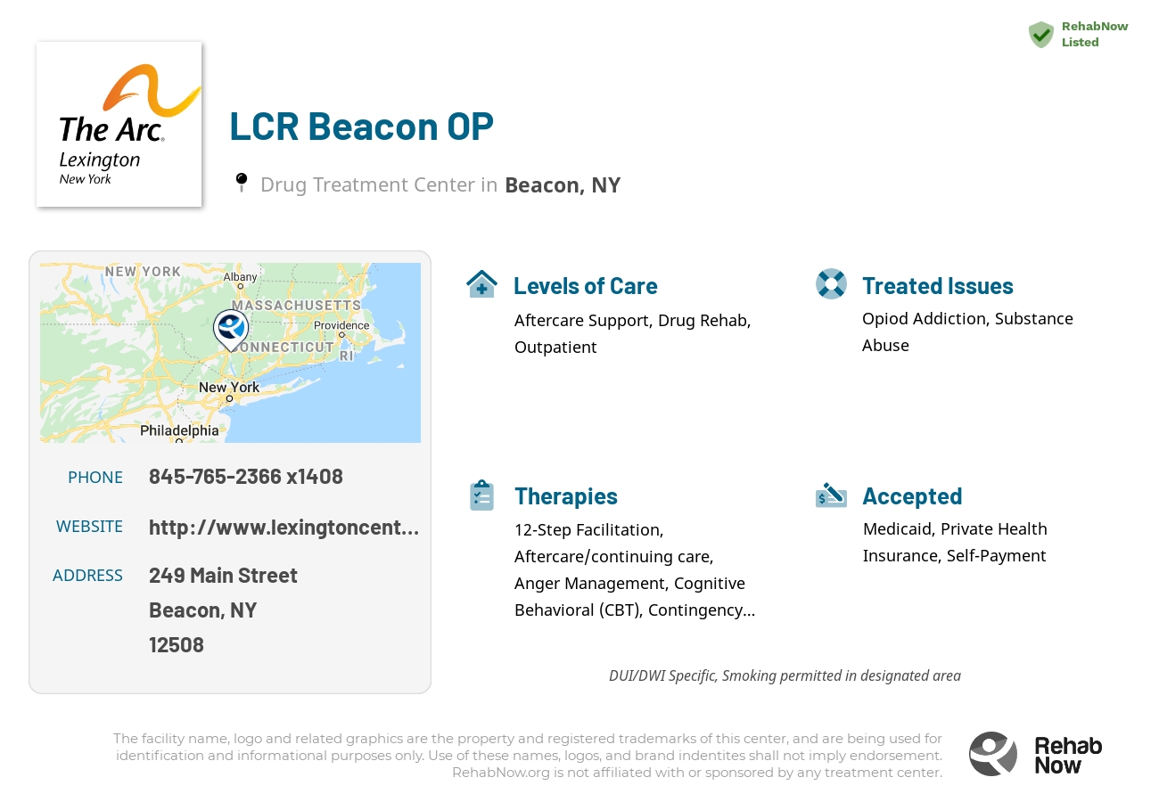 Helpful reference information for LCR Beacon OP, a drug treatment center in New York located at: 249 Main Street, Beacon, NY 12508, including phone numbers, official website, and more. Listed briefly is an overview of Levels of Care, Therapies Offered, Issues Treated, and accepted forms of Payment Methods.