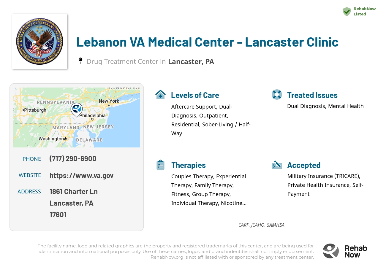 Helpful reference information for Lebanon VA Medical Center - Lancaster Clinic, a drug treatment center in Pennsylvania located at: 1861 Charter Ln, Lancaster, PA 17601, including phone numbers, official website, and more. Listed briefly is an overview of Levels of Care, Therapies Offered, Issues Treated, and accepted forms of Payment Methods.