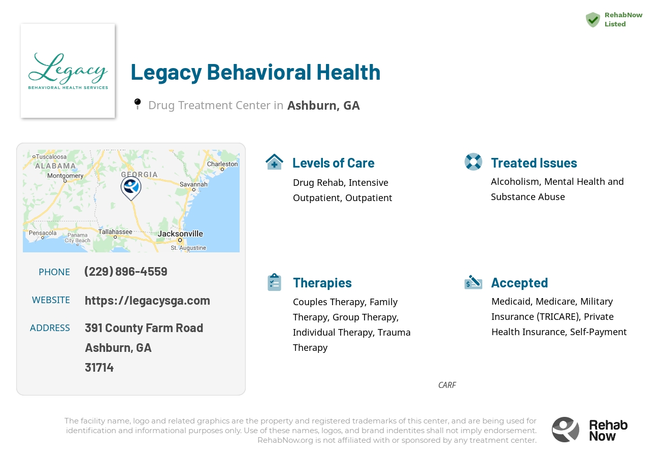 Helpful reference information for Legacy Behavioral Health, a drug treatment center in Georgia located at: 391 391 County Farm Road, Ashburn, GA 31714, including phone numbers, official website, and more. Listed briefly is an overview of Levels of Care, Therapies Offered, Issues Treated, and accepted forms of Payment Methods.
