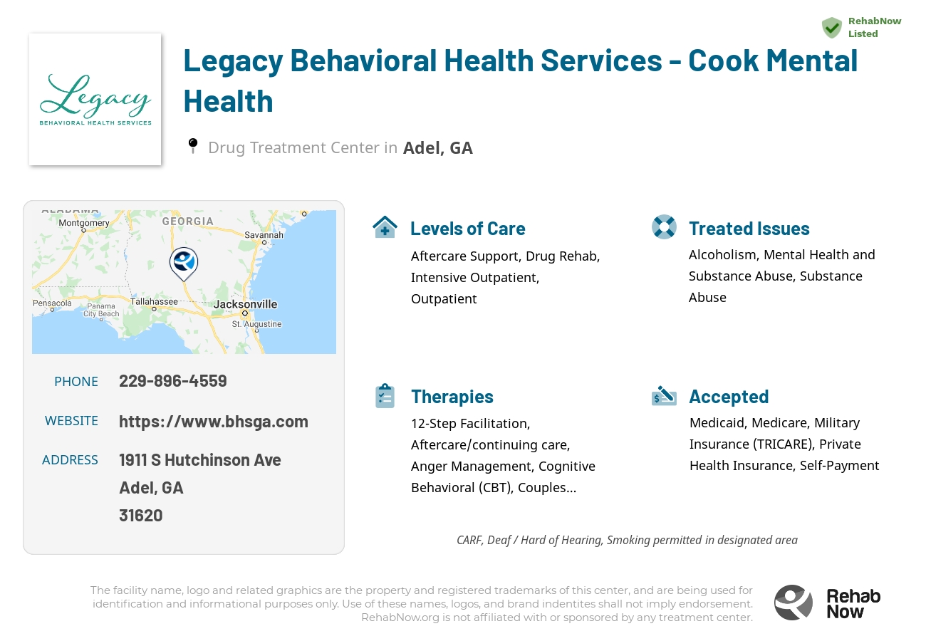 Helpful reference information for Legacy Behavioral Health Services - Cook Mental Health, a drug treatment center in Georgia located at: 1911 S Hutchinson Ave, Adel, GA 31620, including phone numbers, official website, and more. Listed briefly is an overview of Levels of Care, Therapies Offered, Issues Treated, and accepted forms of Payment Methods.