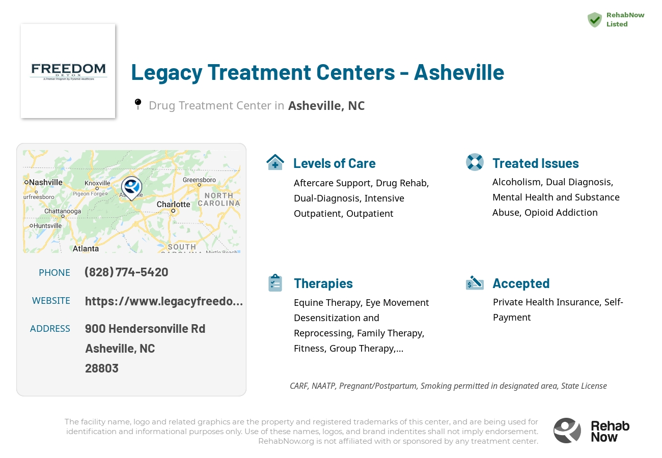 Helpful reference information for Legacy Treatment Centers - Asheville, a drug treatment center in North Carolina located at: 900 Hendersonville Rd, Asheville, NC 28803, including phone numbers, official website, and more. Listed briefly is an overview of Levels of Care, Therapies Offered, Issues Treated, and accepted forms of Payment Methods.