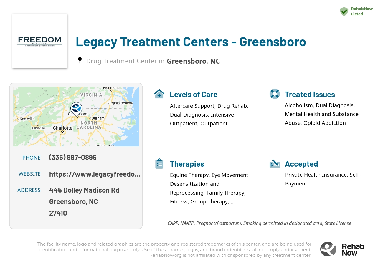 Helpful reference information for Legacy Treatment Centers - Greensboro, a drug treatment center in North Carolina located at: 445 Dolley Madison Rd, Greensboro, NC 27410, including phone numbers, official website, and more. Listed briefly is an overview of Levels of Care, Therapies Offered, Issues Treated, and accepted forms of Payment Methods.
