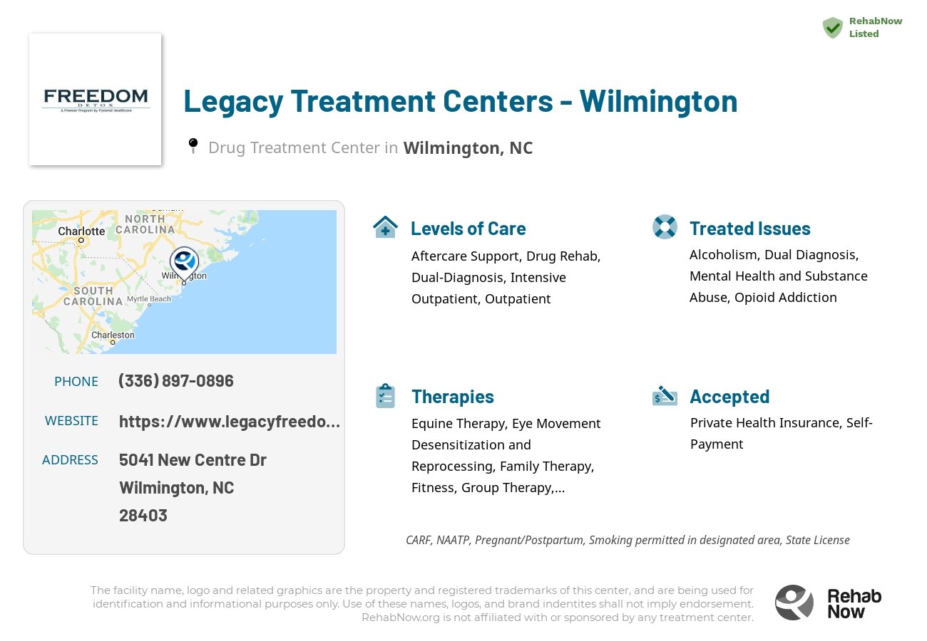 Helpful reference information for Legacy Treatment Centers - Wilmington, a drug treatment center in North Carolina located at: 5041 New Centre Dr, Wilmington, NC 28403, including phone numbers, official website, and more. Listed briefly is an overview of Levels of Care, Therapies Offered, Issues Treated, and accepted forms of Payment Methods.