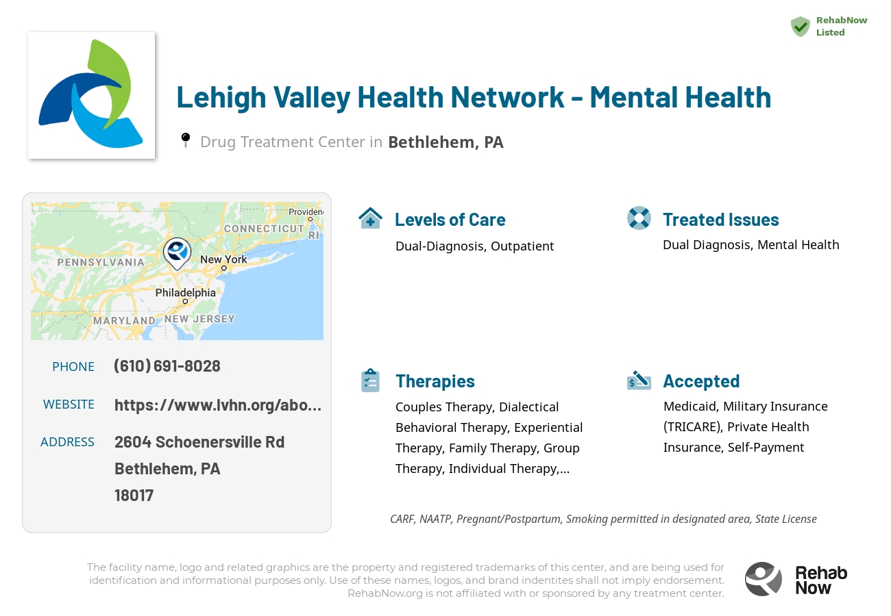 Helpful reference information for Lehigh Valley Health Network - Mental Health, a drug treatment center in Pennsylvania located at: 2604 Schoenersville Rd, Bethlehem, PA 18017, including phone numbers, official website, and more. Listed briefly is an overview of Levels of Care, Therapies Offered, Issues Treated, and accepted forms of Payment Methods.