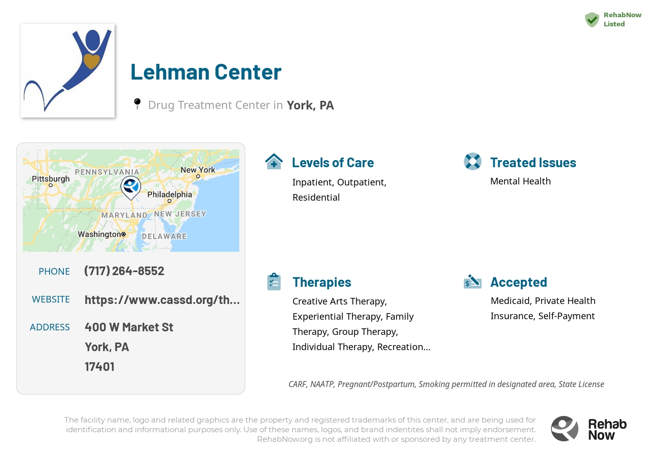 Helpful reference information for Lehman Center, a drug treatment center in Pennsylvania located at: 400 W Market St, York, PA 17401, including phone numbers, official website, and more. Listed briefly is an overview of Levels of Care, Therapies Offered, Issues Treated, and accepted forms of Payment Methods.
