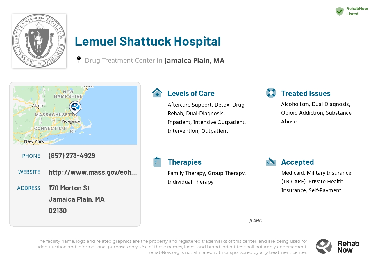 Helpful reference information for Lemuel Shattuck Hospital, a drug treatment center in Massachusetts located at: 170 Morton St, Jamaica Plain, MA 02130, including phone numbers, official website, and more. Listed briefly is an overview of Levels of Care, Therapies Offered, Issues Treated, and accepted forms of Payment Methods.