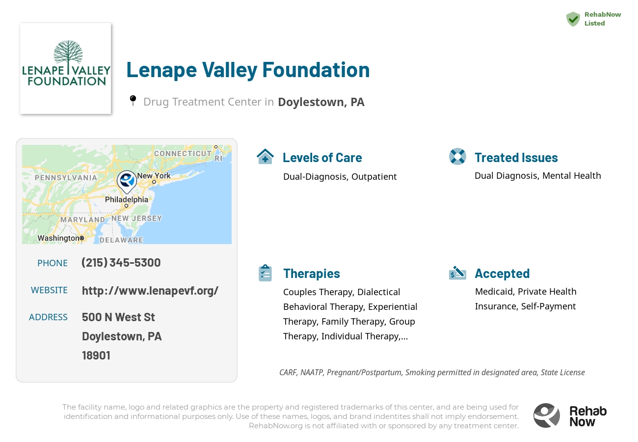 Helpful reference information for Lenape Valley Foundation, a drug treatment center in Pennsylvania located at: 500 N West St, Doylestown, PA 18901, including phone numbers, official website, and more. Listed briefly is an overview of Levels of Care, Therapies Offered, Issues Treated, and accepted forms of Payment Methods.