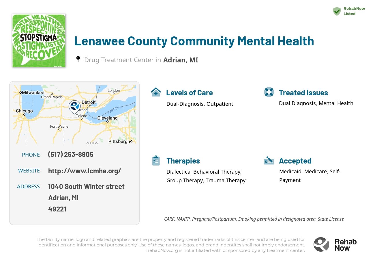 Helpful reference information for Lenawee County Community Mental Health, a drug treatment center in Michigan located at: 1040 1040 South Winter street, Adrian, MI 49221, including phone numbers, official website, and more. Listed briefly is an overview of Levels of Care, Therapies Offered, Issues Treated, and accepted forms of Payment Methods.