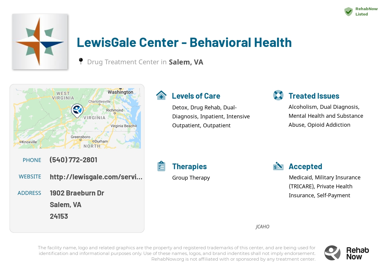 Helpful reference information for LewisGale Center - Behavioral Health, a drug treatment center in Virginia located at: 1902 Braeburn Dr, Salem, VA 24153, including phone numbers, official website, and more. Listed briefly is an overview of Levels of Care, Therapies Offered, Issues Treated, and accepted forms of Payment Methods.