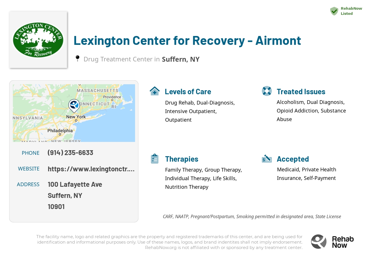 Helpful reference information for Lexington Center for Recovery - Airmont, a drug treatment center in New York located at: 100 Lafayette Ave, Suffern, NY 10901, including phone numbers, official website, and more. Listed briefly is an overview of Levels of Care, Therapies Offered, Issues Treated, and accepted forms of Payment Methods.
